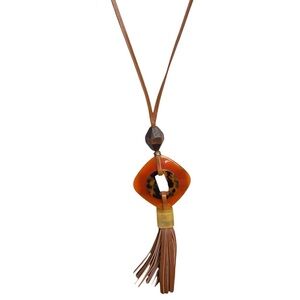 Chicos Brown Adjustable Chunky Leopard Print Statement Fringe Necklace